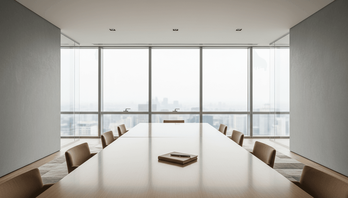 Modern executive boardroom with a conference table and large windows