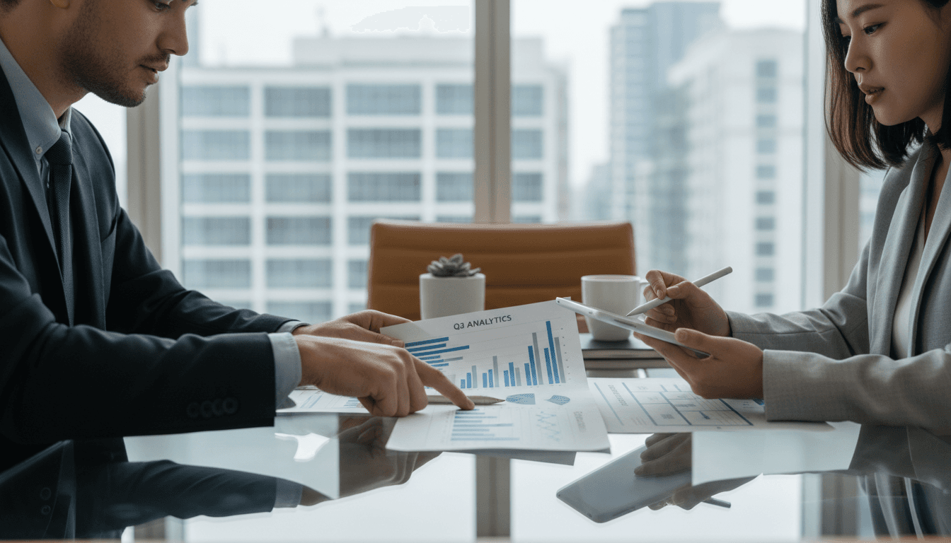 Business leaders in a modern office reviewing strategy documents together
