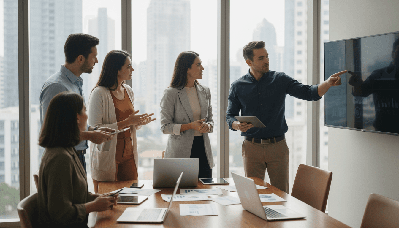 Diverse group of five business professionals collaborating around table in modern conference room with natural lighting