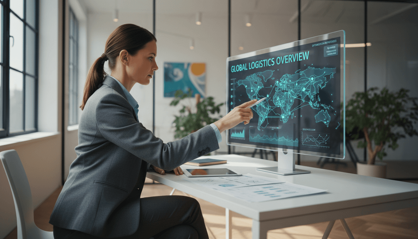 Executive reviewing global supply chain data on a large screen